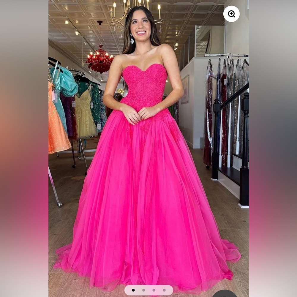 Amora |A-Line Hot Pink Tulle Lace StraplessLong Prom Dress - Picture 2 of 4